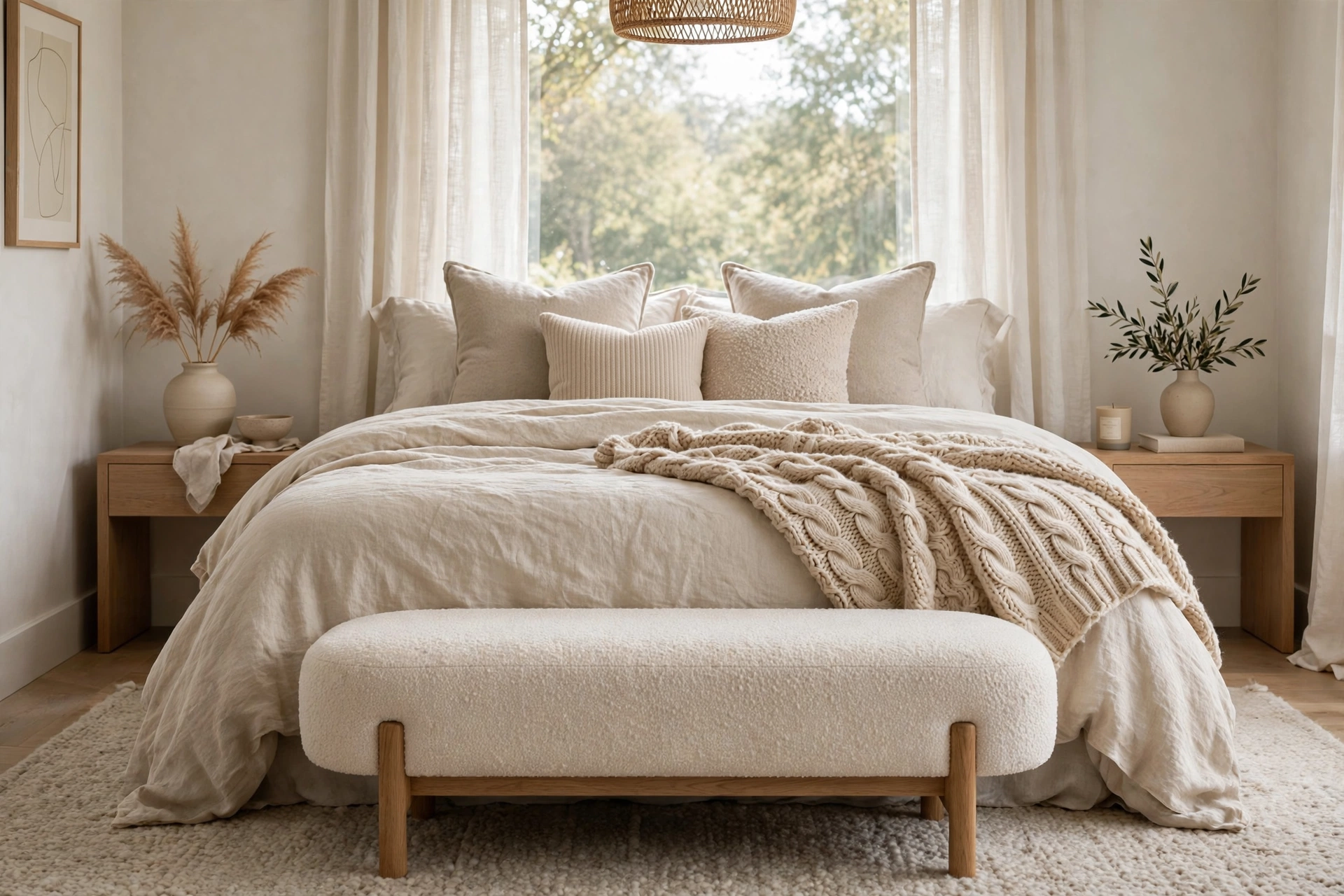 Contemporary bedroom mixing linen bedding, chunky knit throw, boucle bench and wool rug