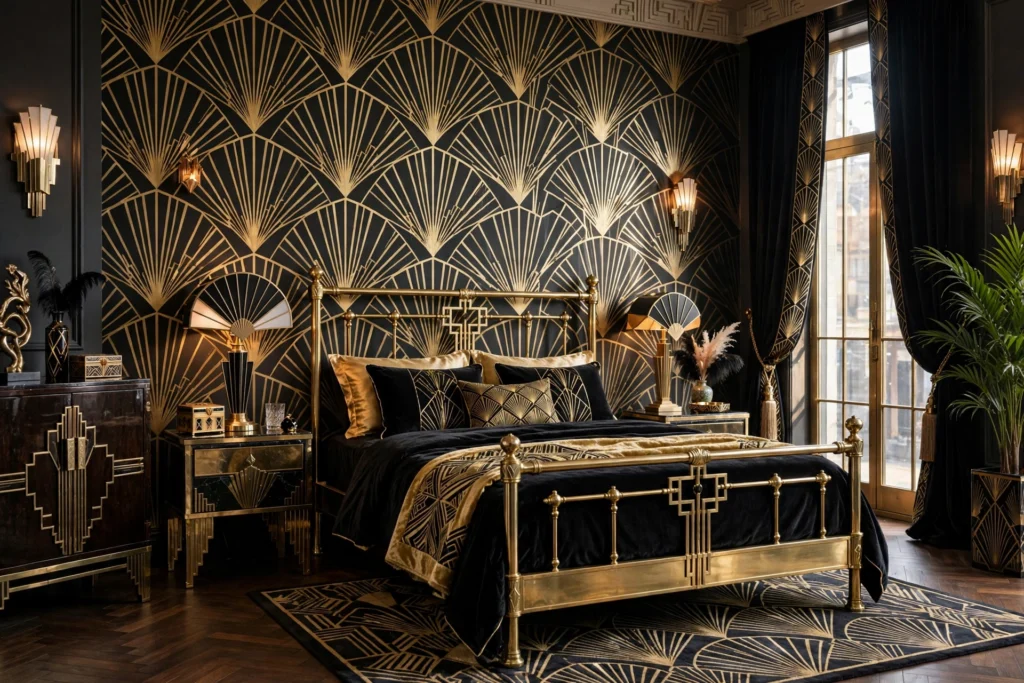 Art deco bedroom design ideas with bold geometric fan-motif wallpaper behind the bed
