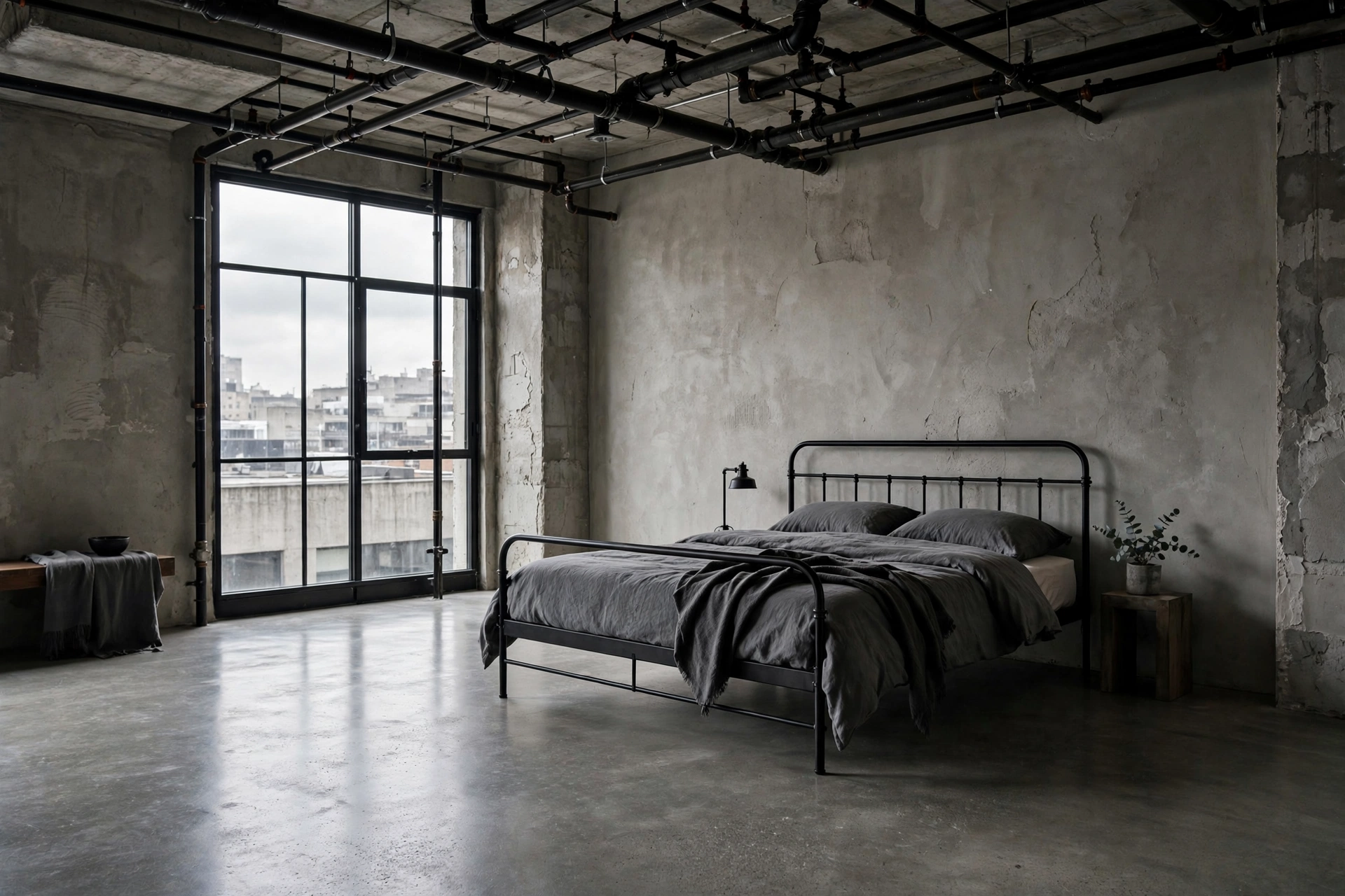 Industrial bedroom with polished concrete floors and raw plaster walls