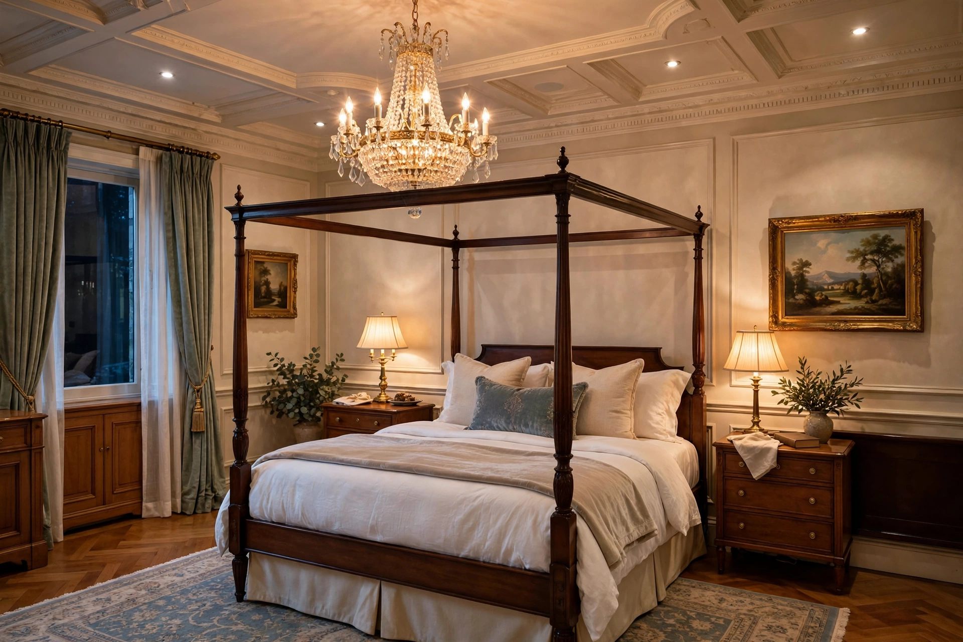 Traditional bedroom design ideas with a crystal chandelier glowing over the bed