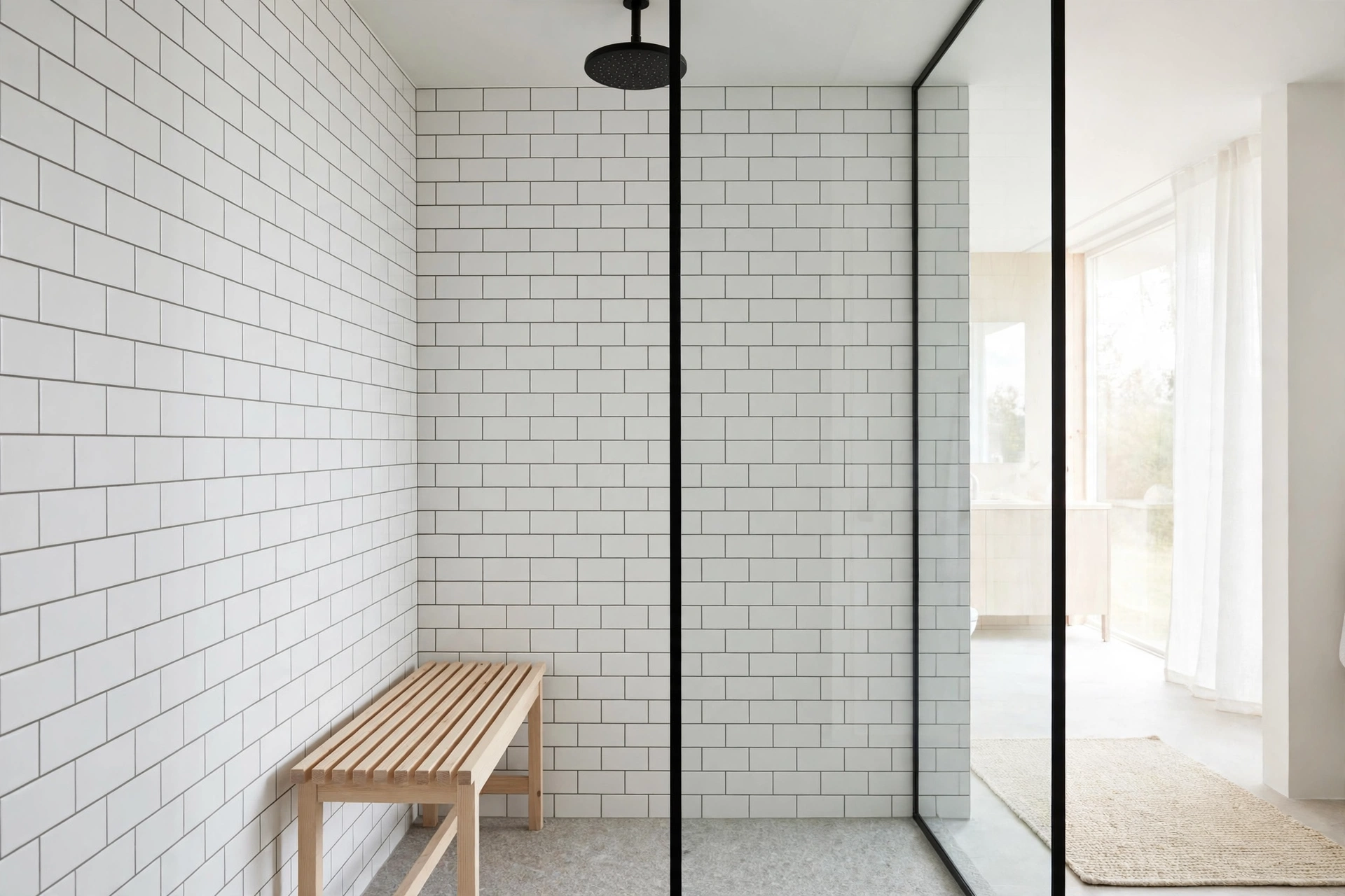 Scandinavian bathroom design ideas with white subway tile walls in a bright shower