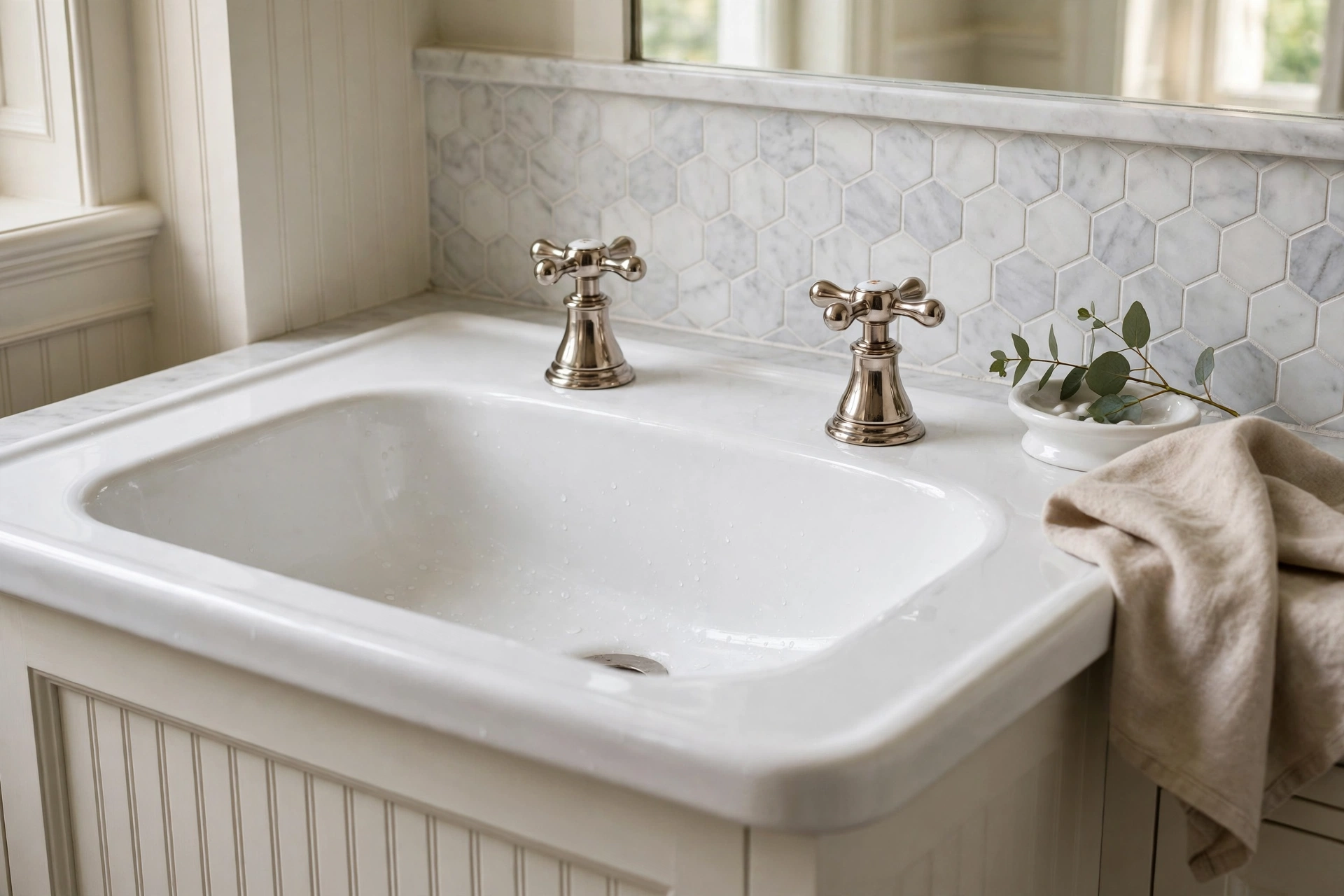 Polished nickel cross-handle faucets and fixtures in a classic traditional bathroom
