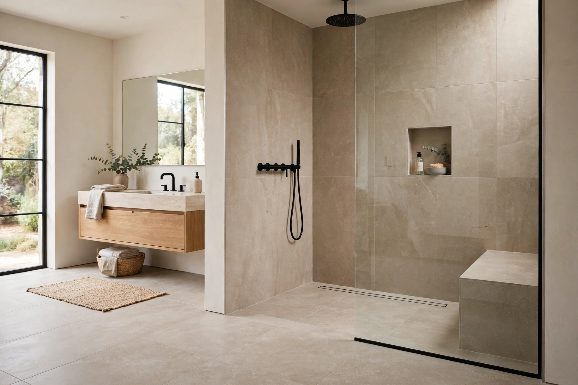 Curbless walk-in shower with continuous tile floor flowing from the bathroom