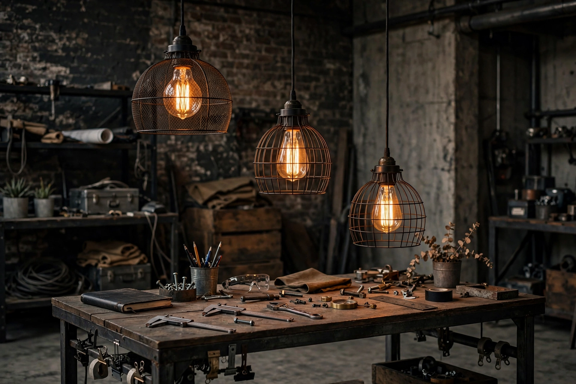 Edison bulb cage pendant lights glowing warmly over an industrial home office desk