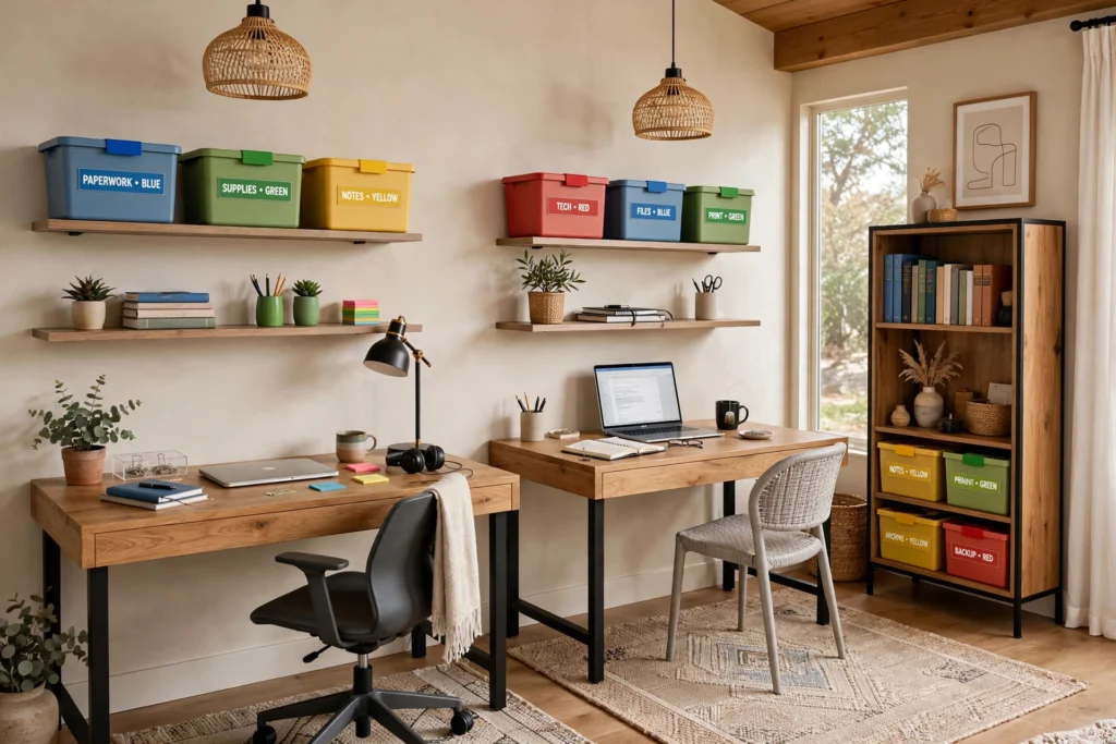 Shared home office with labeled storage bins and floating shelves above two desks