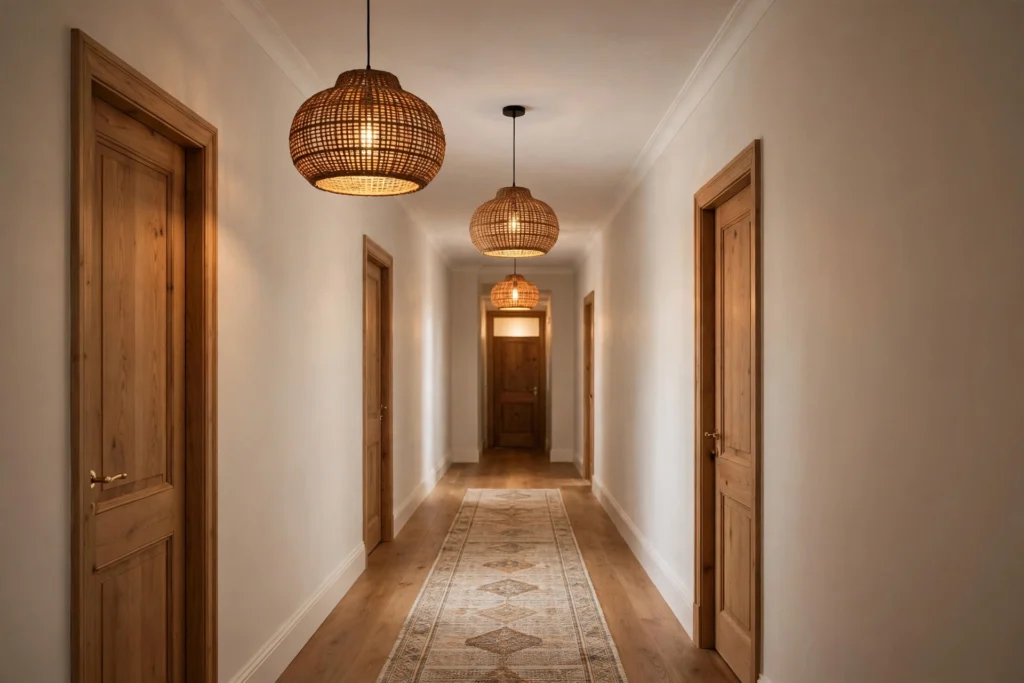 Row of rattan pendant lights hanging down a long hallway ceiling