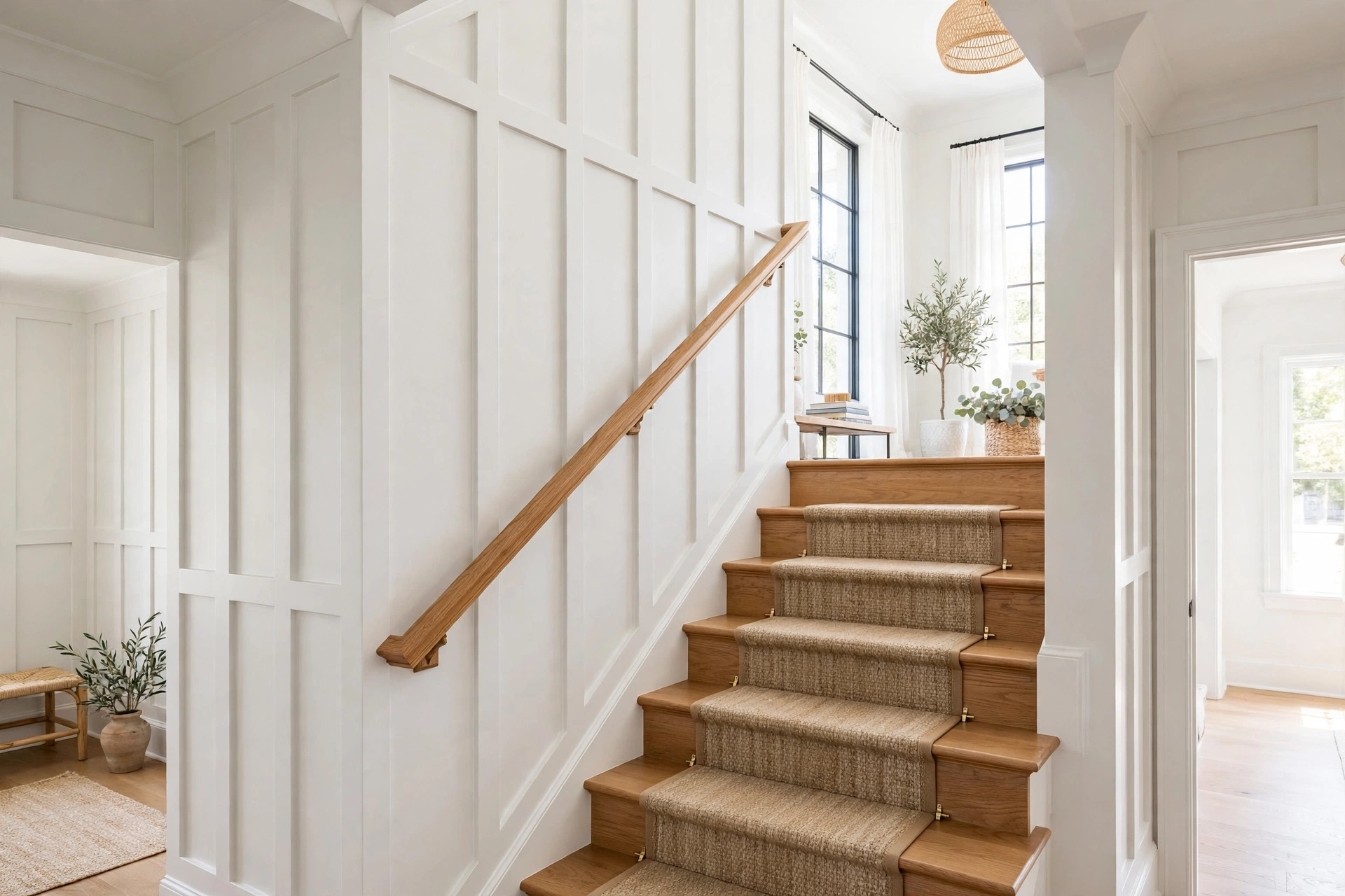 White board-and-batten paneling installed on a staircase wall stepping up with the stairs