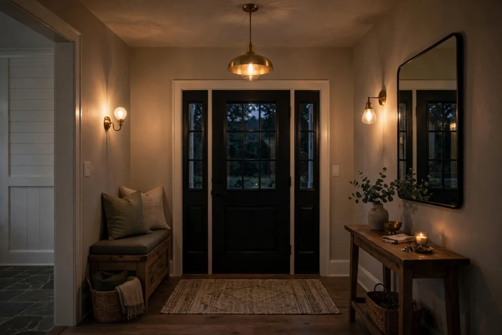 Entryway lighting ideas with dimmed warm lighting creating a cozy evening mood
