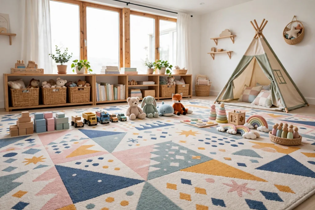 Playroom design ideas with a big patterned washable rug covering the playroom floor