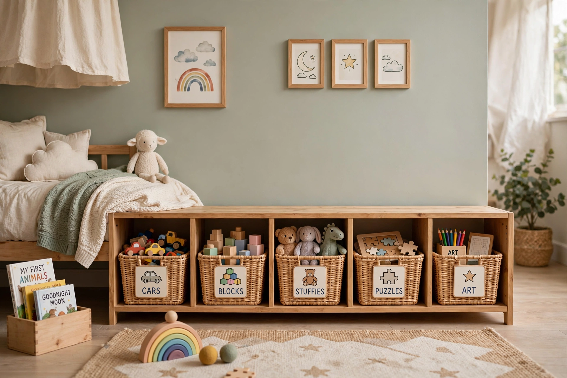 Toddler bedroom design ideas with low open shelves and baskets at toddler height
