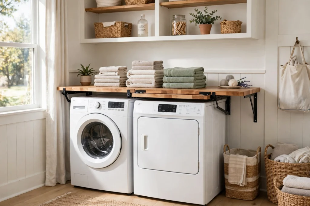 Butcher block folding counter over side-by-side washer and dryer with folded towels