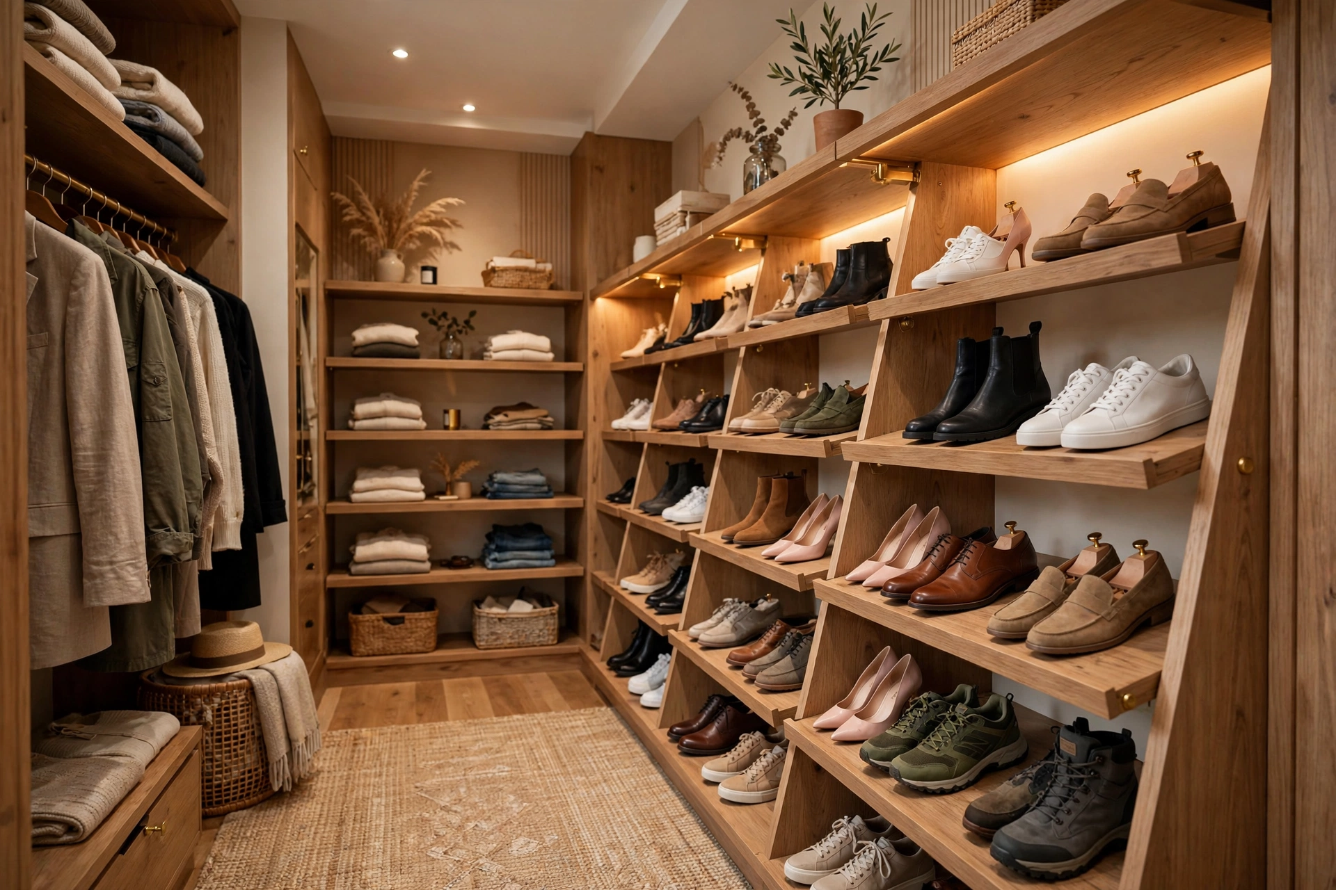 Walk-in closet with angled shoe shelves displaying a collection of shoes boutique-style