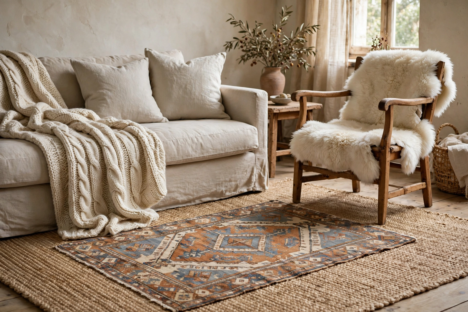 Layered wool throws, linen cushions, sheepskin and jute rug in cozy rustic living room