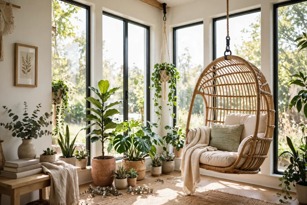Sunroom with a hanging rattan chair suspended from the ceiling beside bright windows