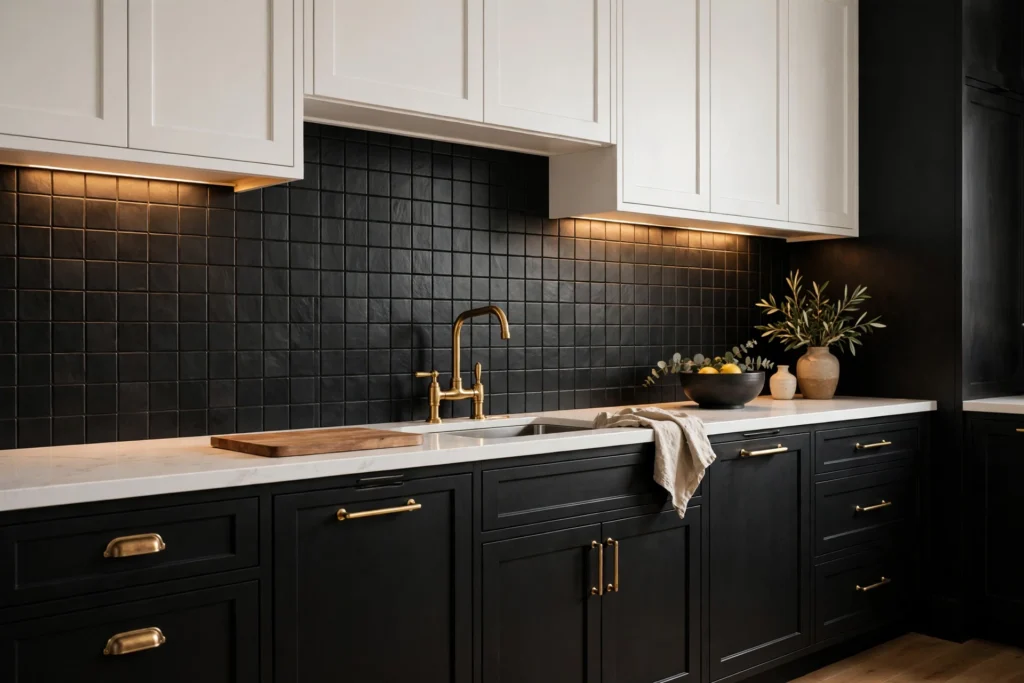 Kitchen backsplash ideas with matte black square tiles and brass hardware in a modern kitchen.