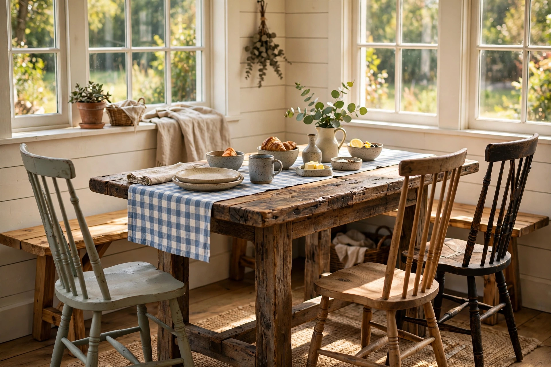 Breakfast nook ideas with a reclaimed wood table and spindle chairs in a farmhouse kitchen.