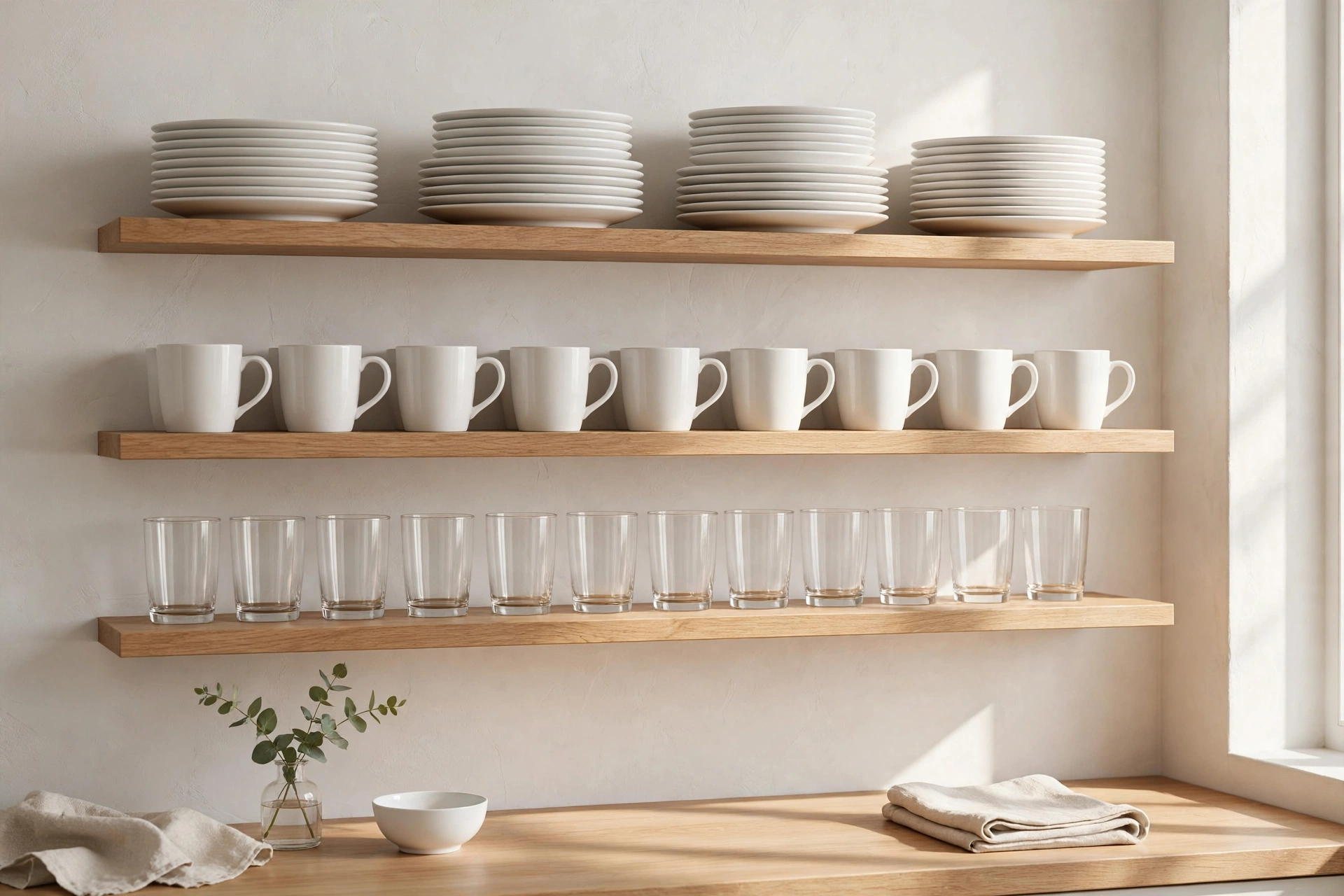 Open kitchen shelving ideas with displaying matching white everyday dishware in neat stacks.