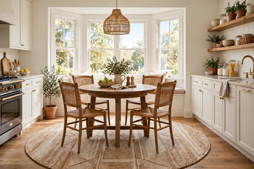 Kitchen rug ideas with a round flatweave rug under a breakfast table and chairs.