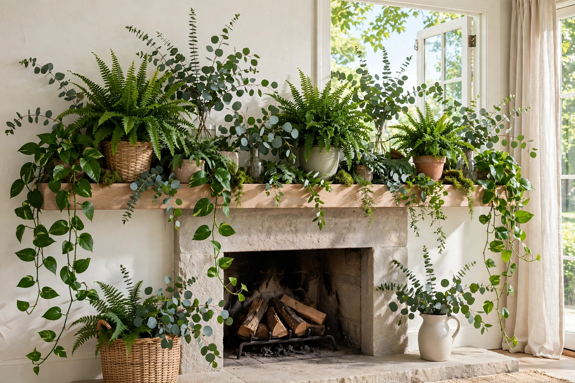 Fireplace mantel decor ideas with trailing plants and lush greenery in summer.