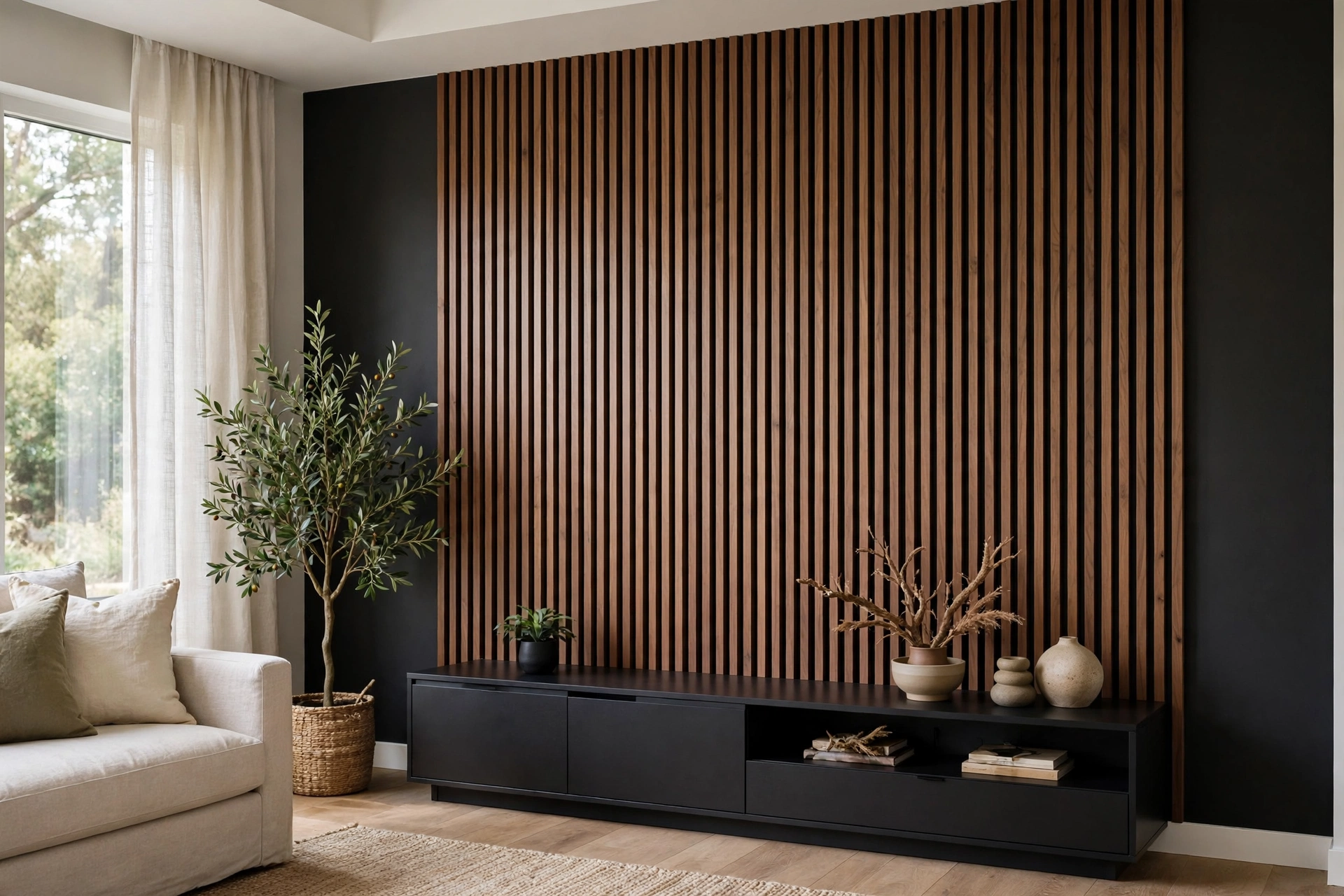 Living room accent wall ideas with vertical walnut wood slats over a dark wall behind a modern media console.