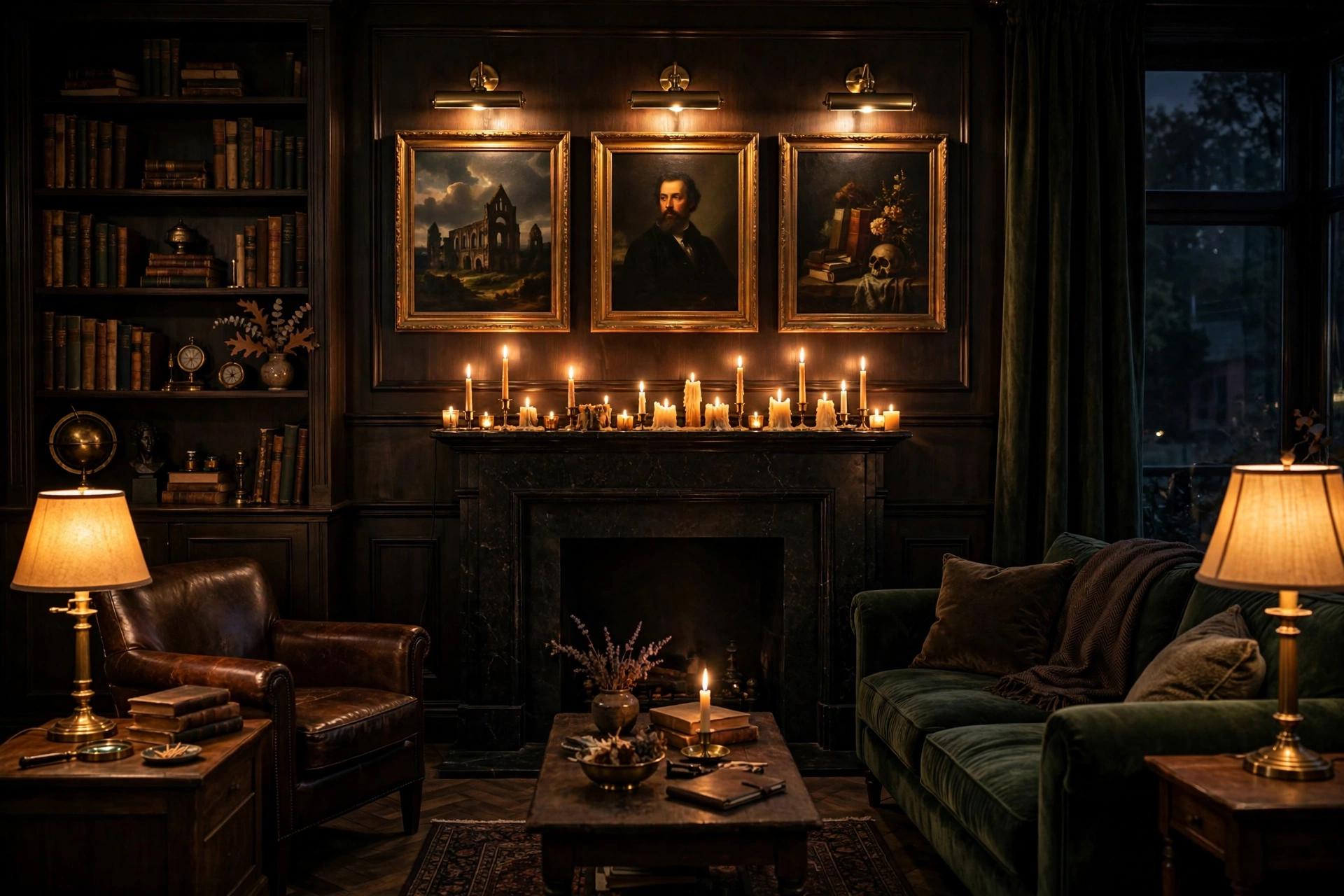 Dark academia living room glowing with table lamps, brass picture lights, and lit candles on the mantel.