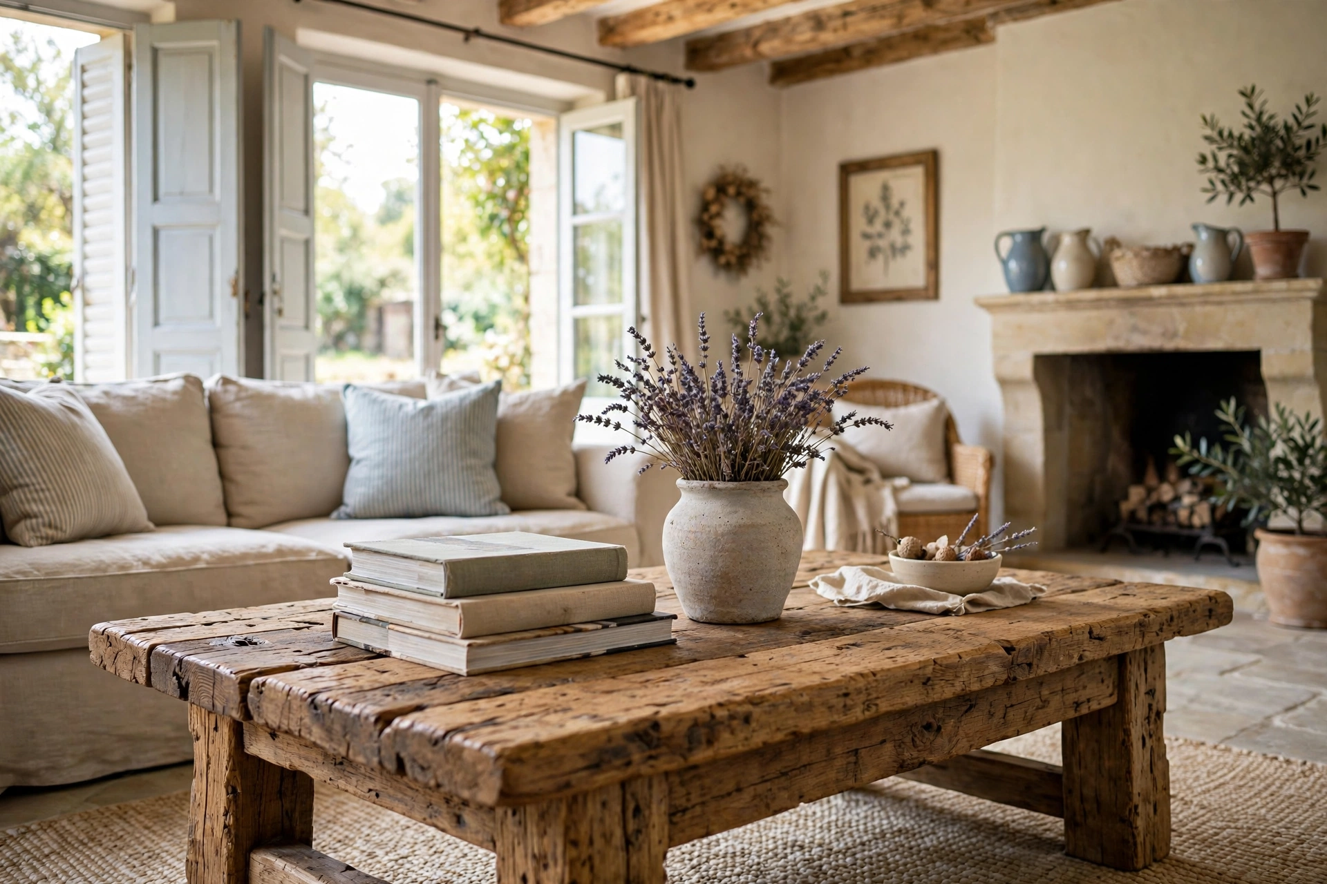 French country living room with a chunky reclaimed oak coffee table styled with art books and dried lavender.