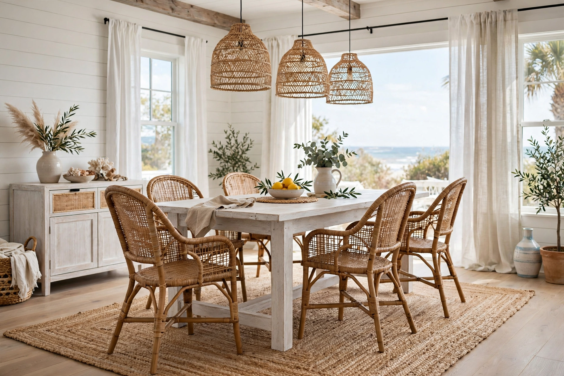 Coastal dining room ideas with a natural jute rug layered under a whitewashed dining table and rattan chairs.