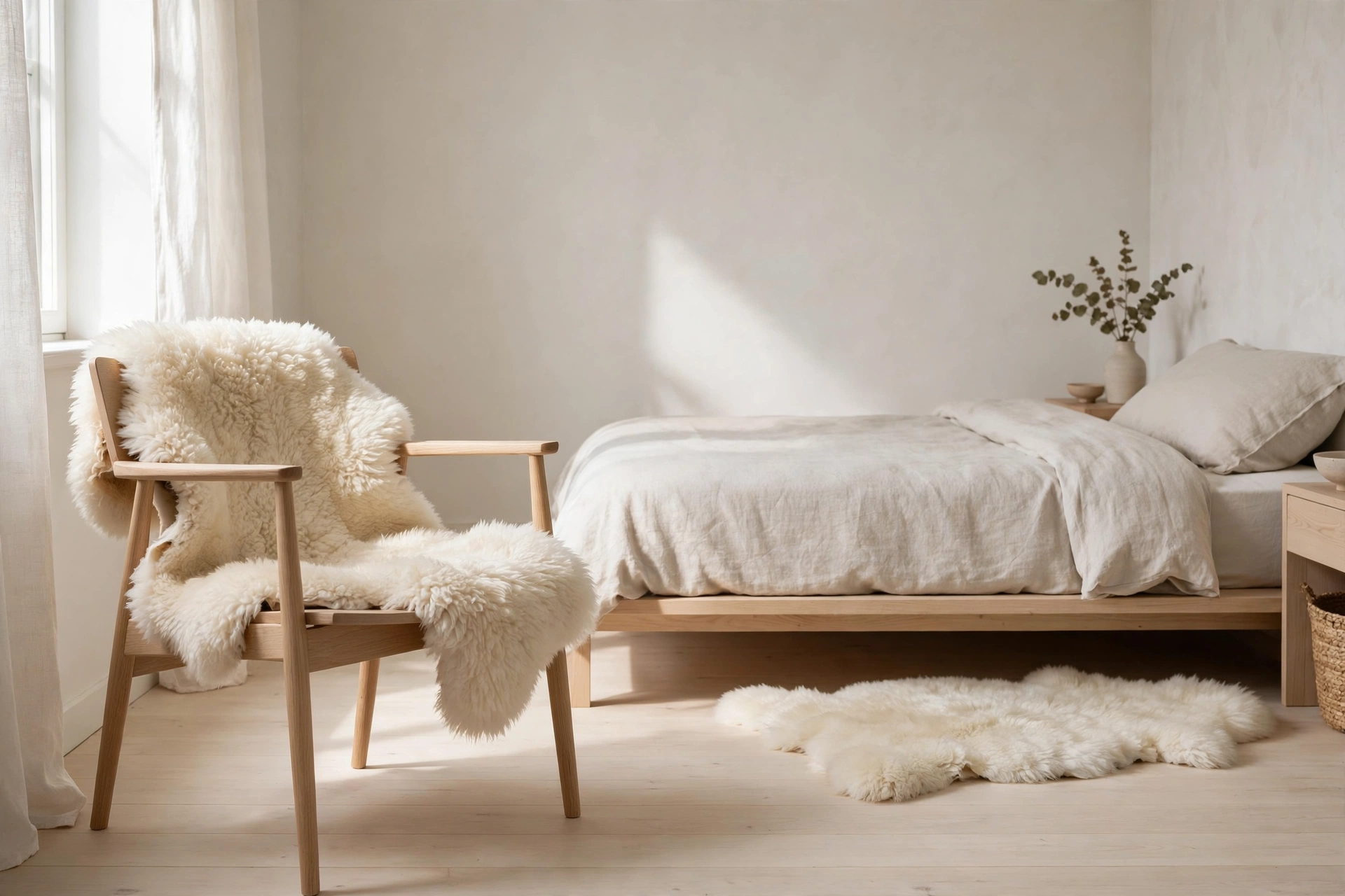 Cream sheepskin throw on a wood accent chair and sheepskin rug beside the bed