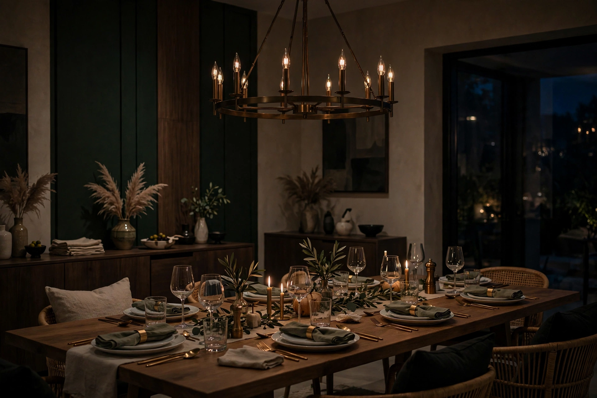 Dining room lighting ideas showing a chandelier dimmed low for an intimate dinner-party mood over the table.