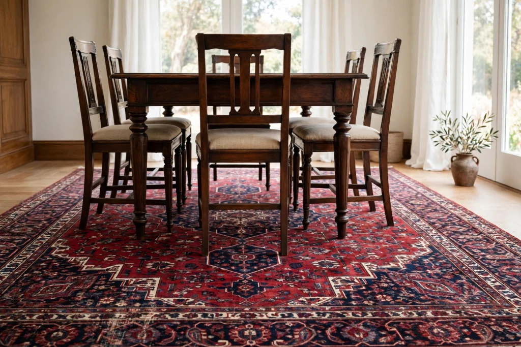Classic Persian rug with deep red and navy patterns layered under a traditional wood dining table and chairs.