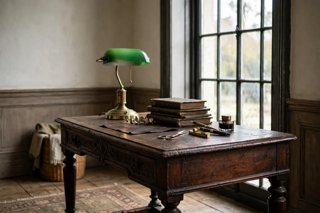 Antique dark wood writing desk with a brass banker lamp, stacked journals, and fountain pen set by a window.