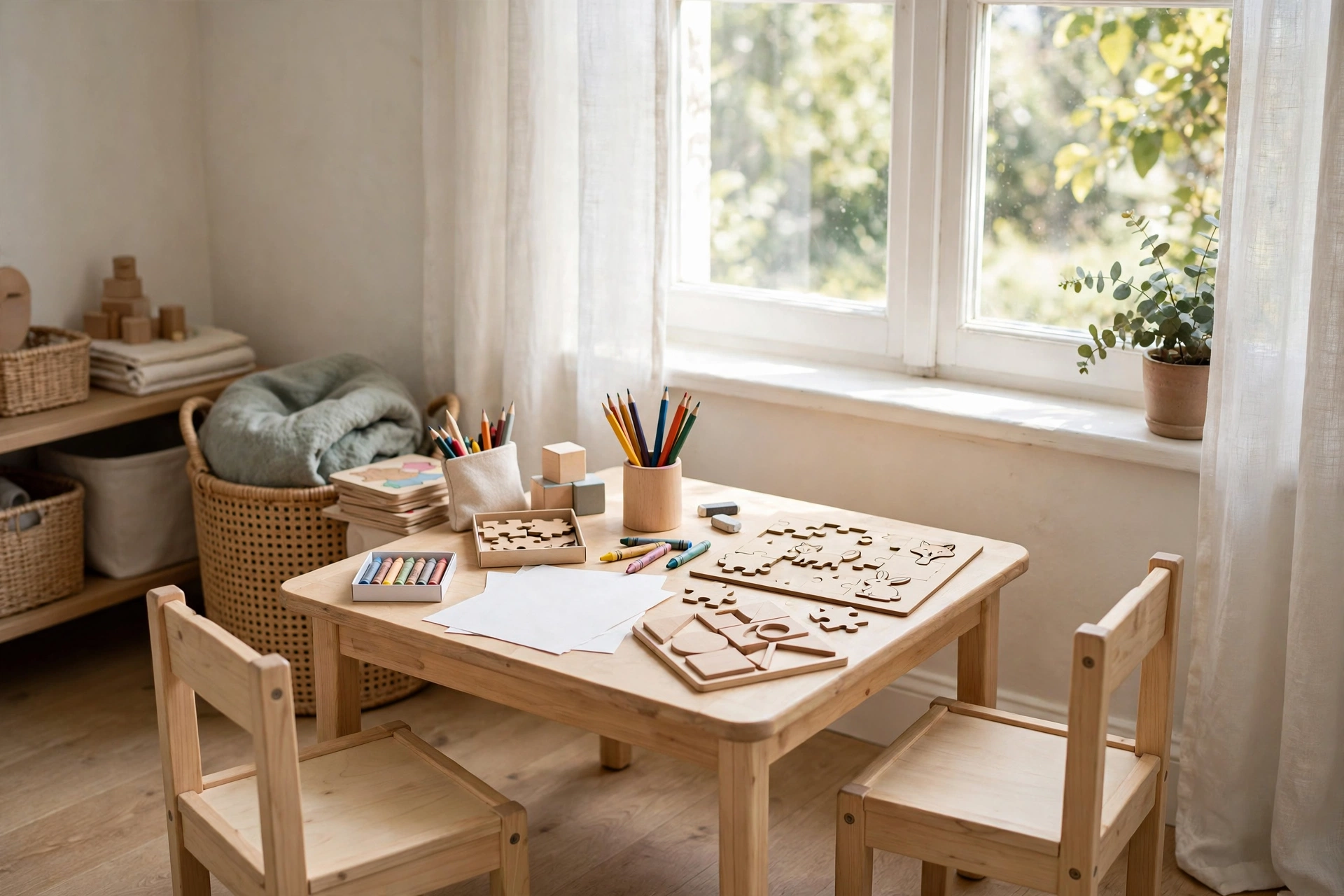 Small wooden table and chairs set for a toddler with drawing supplies and puzzles near a bright window.