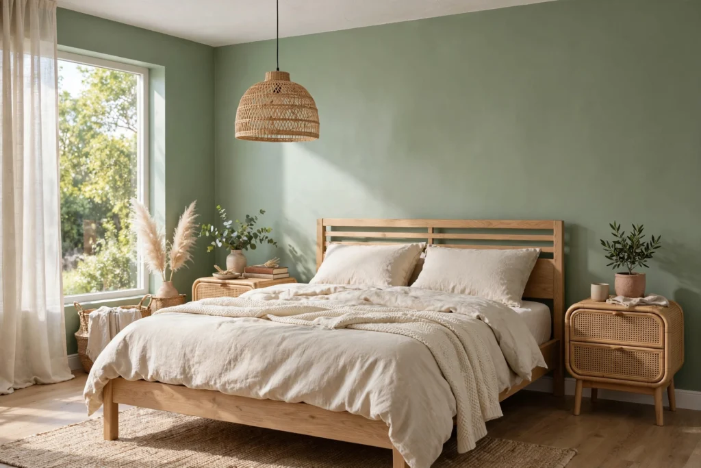 Sage green bedroom with a light oak bed frame, rattan nightstands, and woven pendant light in daylight.