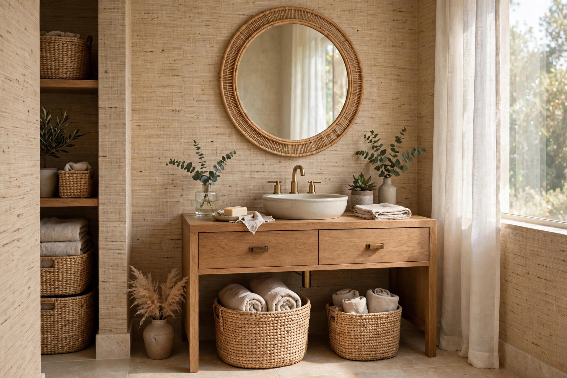 Textured grasscloth bathroom wallpaper in warm sand tones with natural woven detail beside a wooden vanity.
