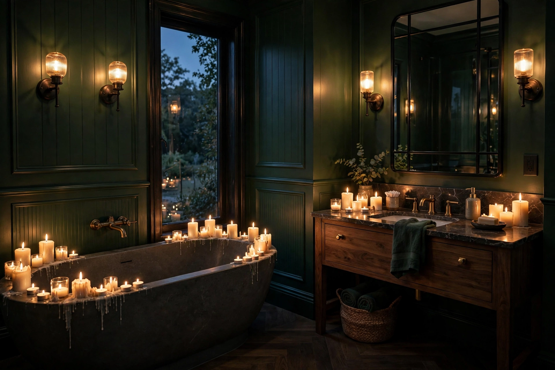 Moody bathroom lit by wall sconces and clusters of candles on the tub edge with warm dimmable glow.