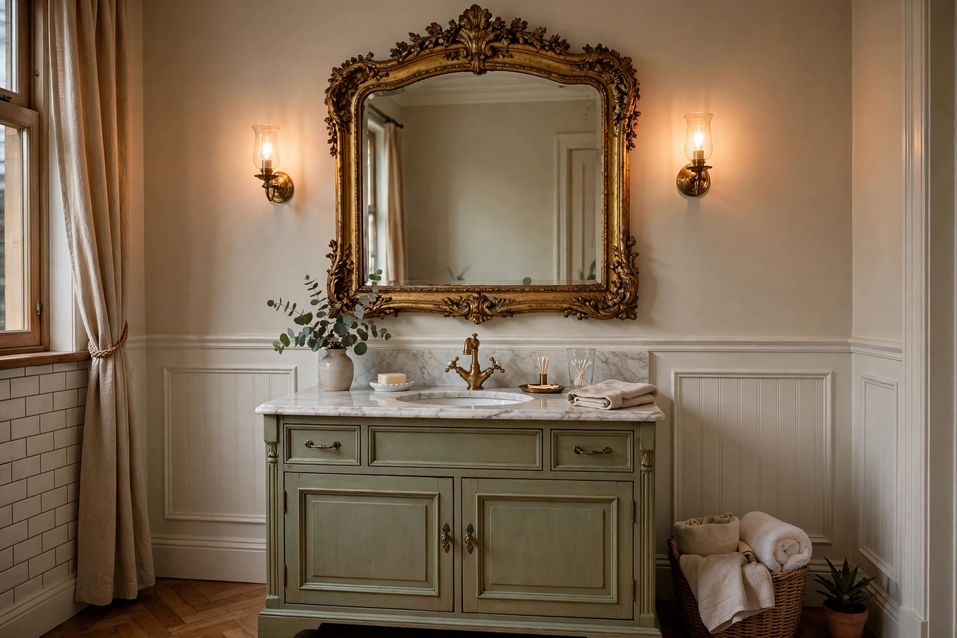 Vintage ornate bathroom mirror with a gilded carved frame above a traditional vanity.