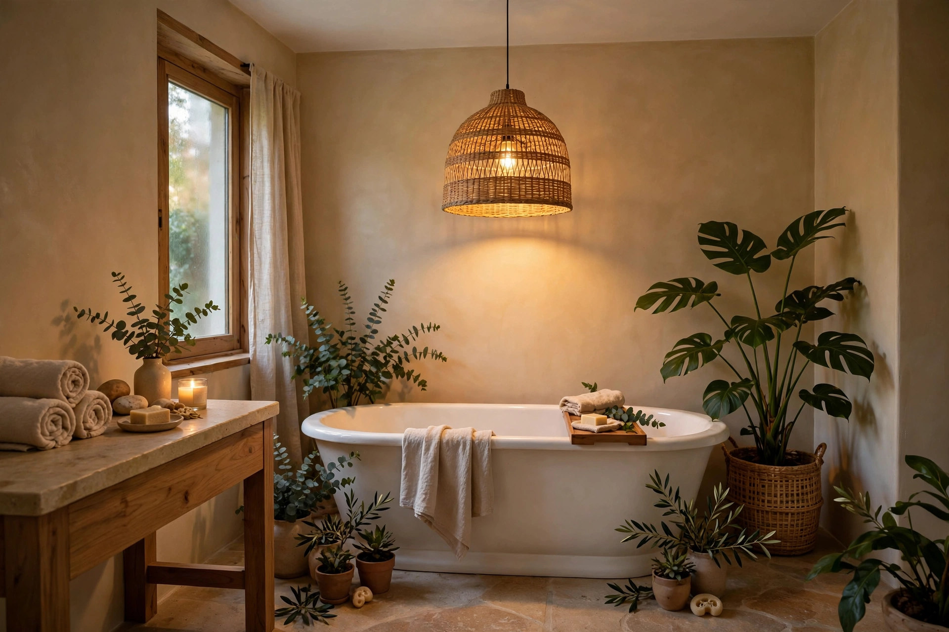 Woven rattan pendant light hung over a freestanding tub pooling warm light for a spa-like focal point.