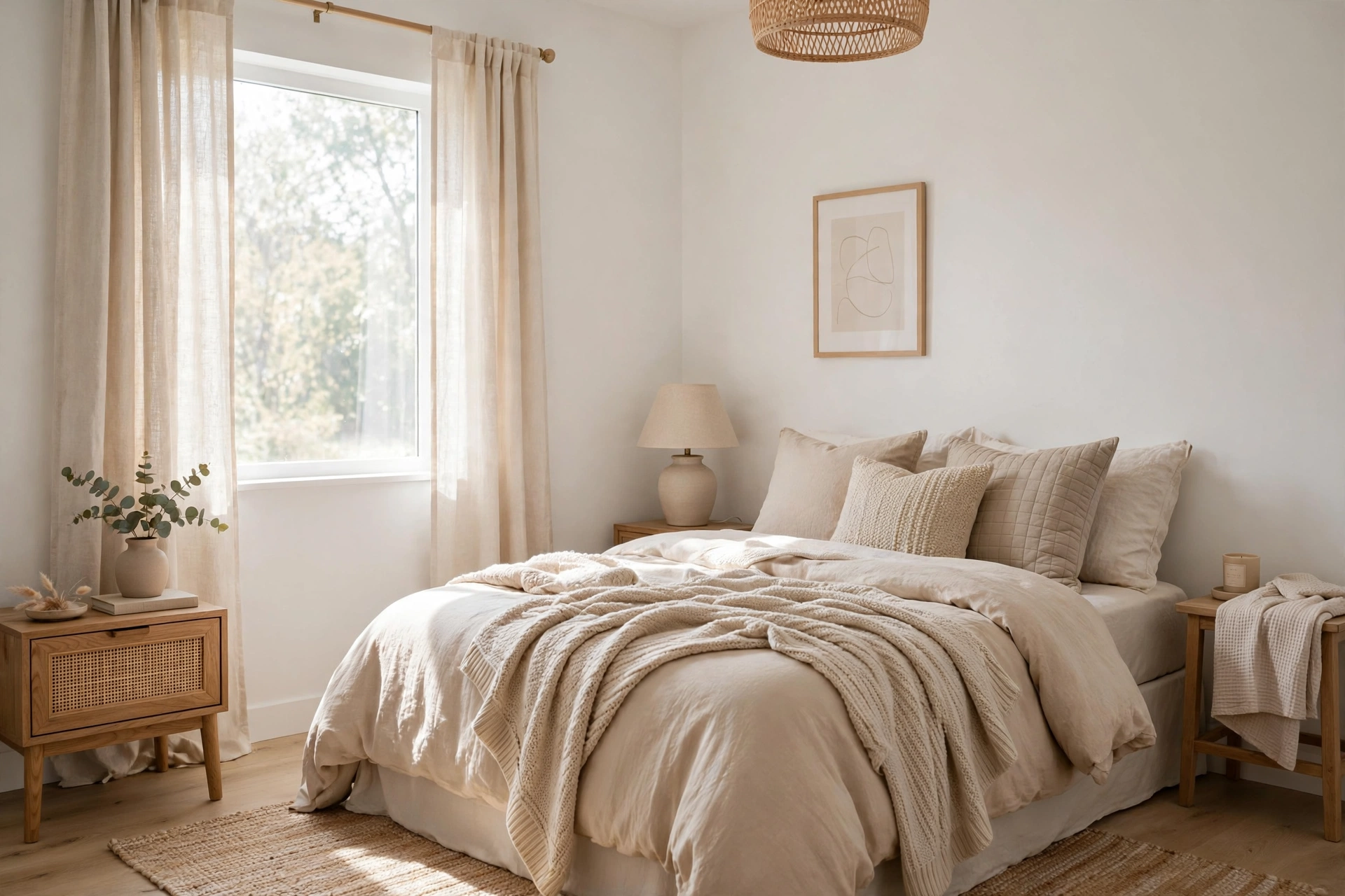Small bedroom in a light airy palette of white, beige and soft greige