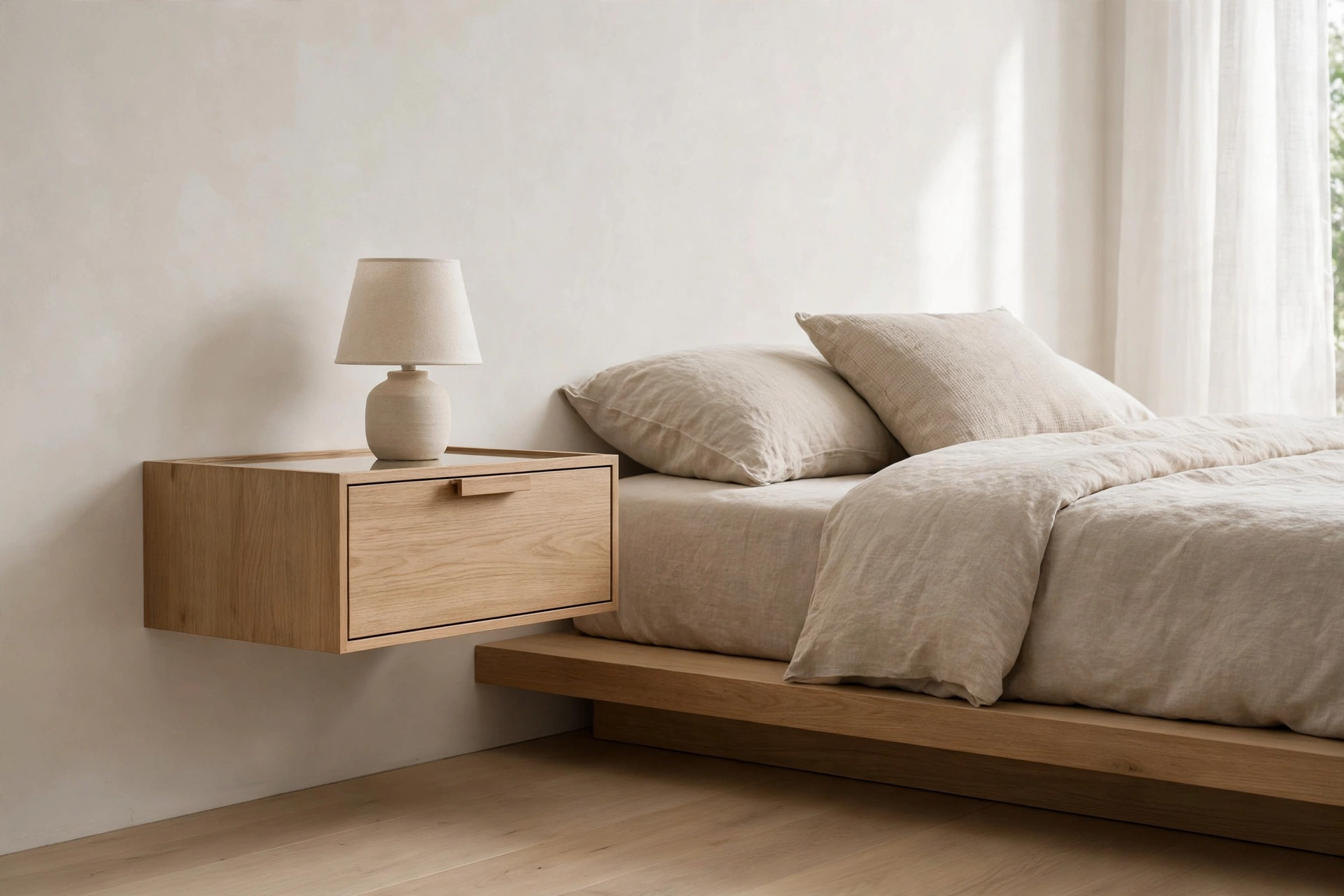Minimalist floating wall-mounted oak nightstand in Japandi bedroom