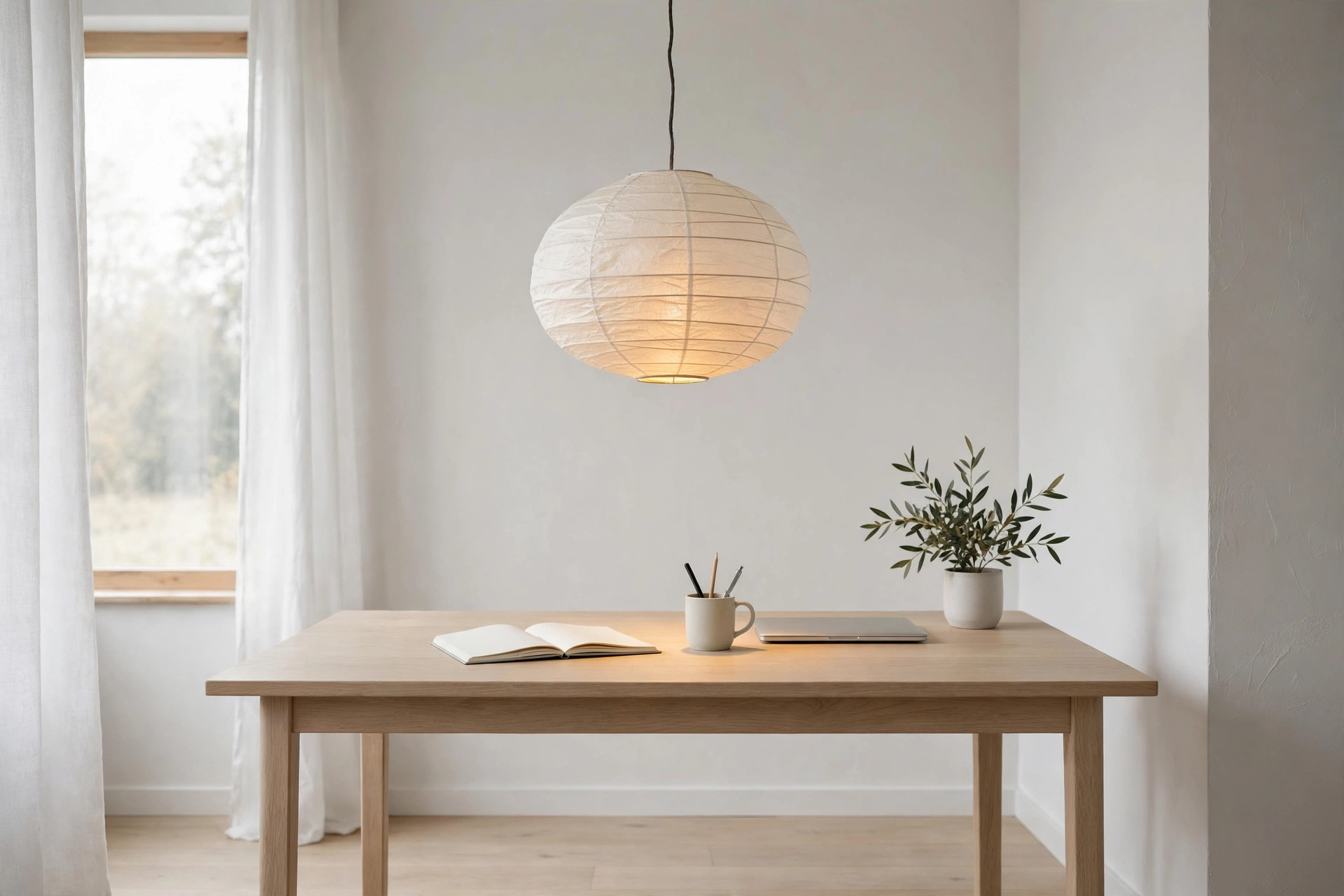 White paper lantern pendant glowing over a pale oak desk in a Scandinavian home office