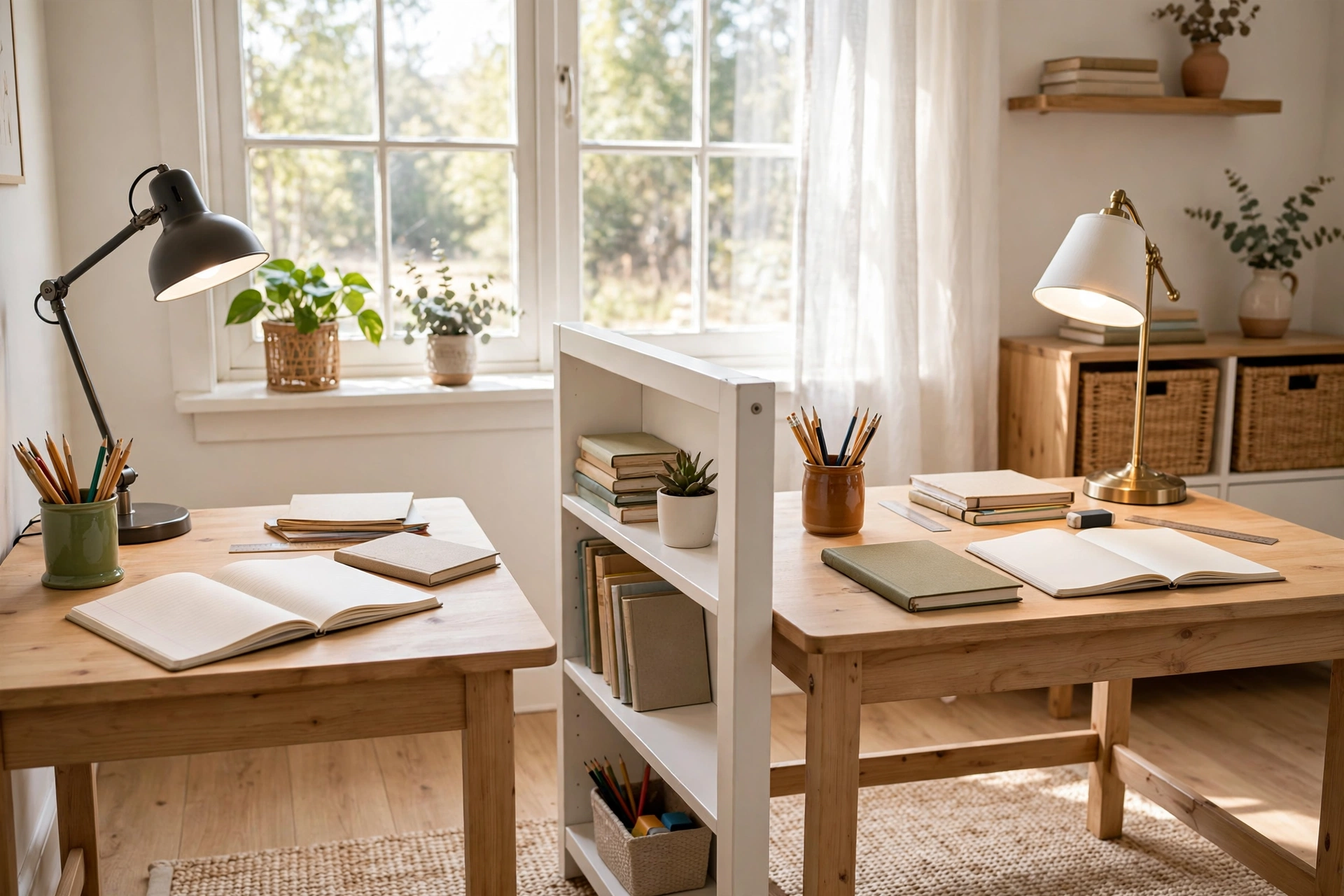 A homeschool room with two side-by-side desks separated by a small bookcase divider.