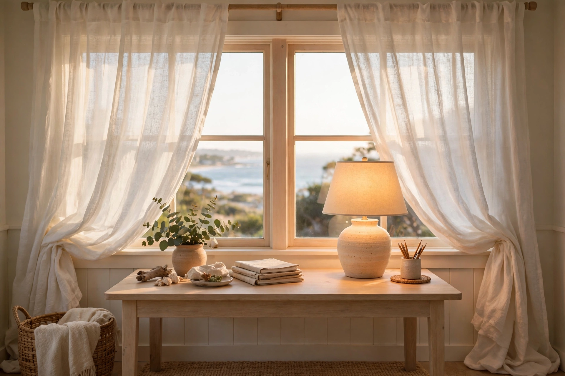 A coastal home office with breezy white linen curtains filtering sunlight over a pale wood desk.