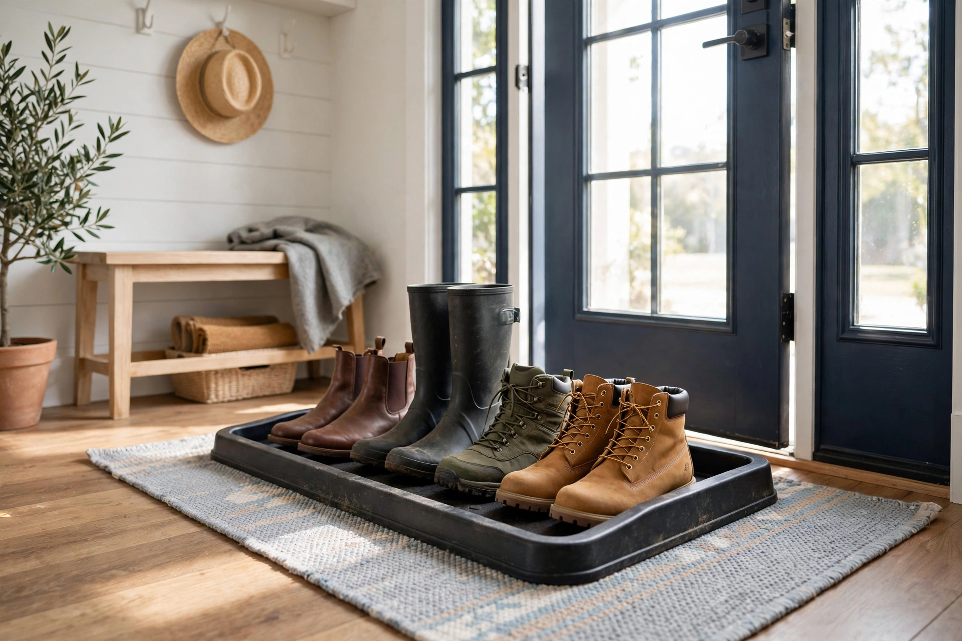 An entryway shoe storage zone with a raised-edge boot tray holding muddy boots on a washable mat.