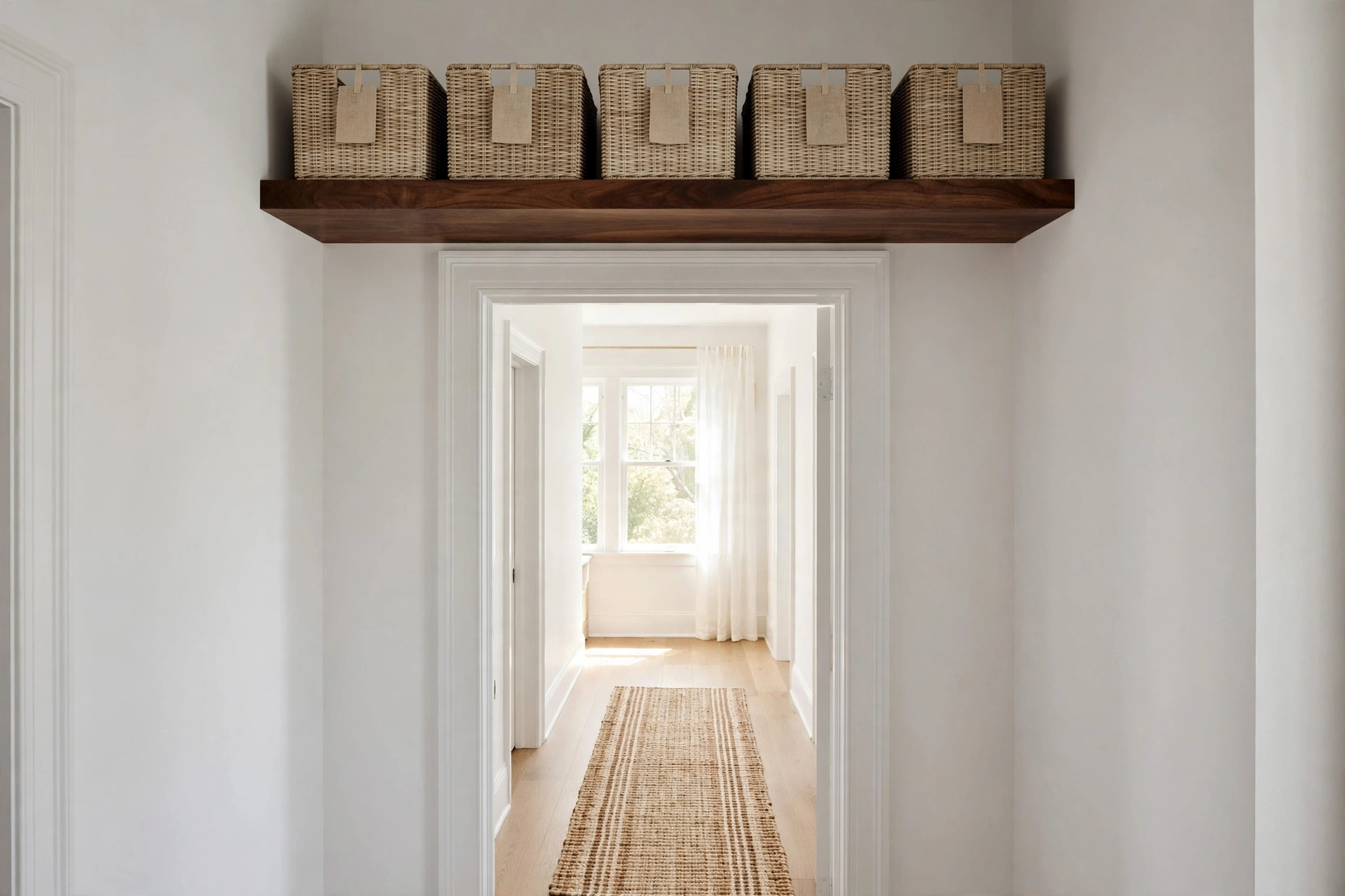 A hallway storage shelf mounted above an interior door holding labeled storage bins.