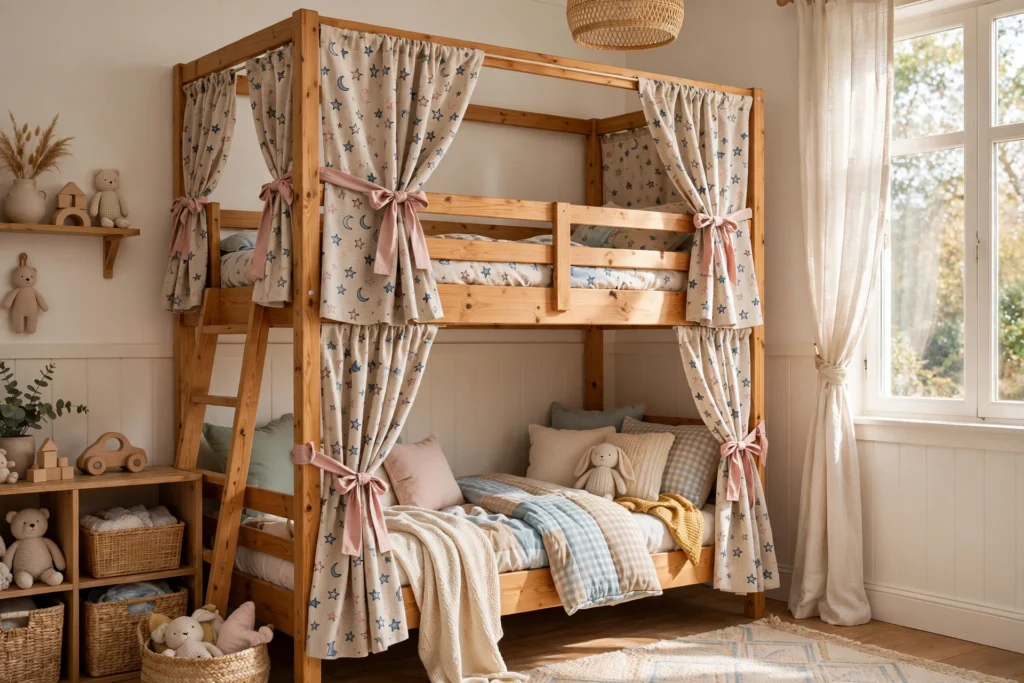 A bunk bed room with patterned curtains hung from the top bunk creating private sleeping nooks.