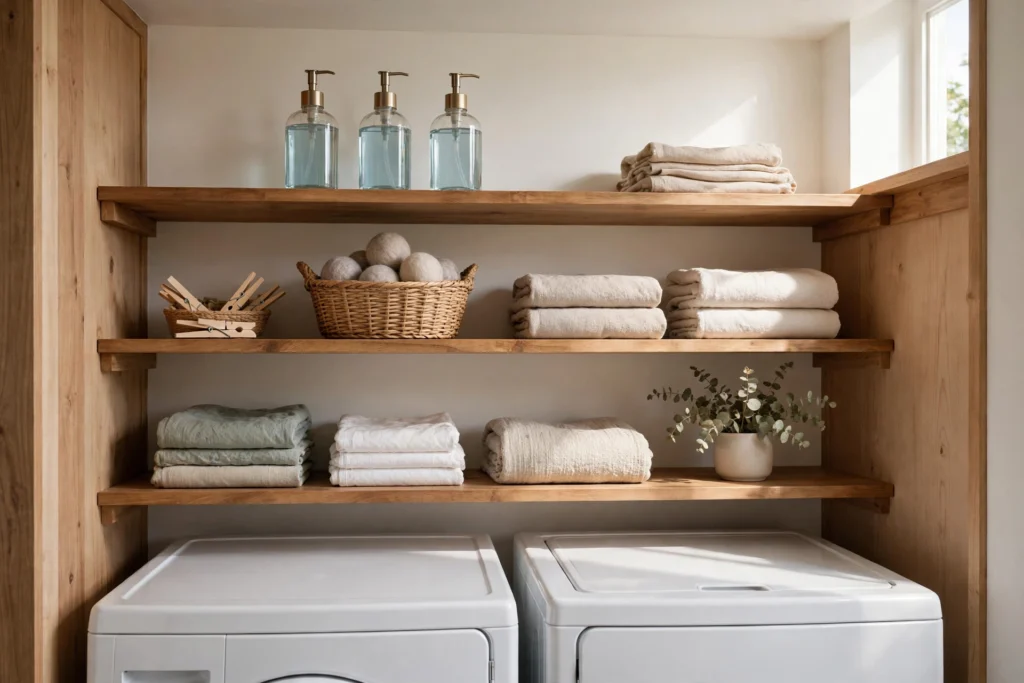 Laundry closet ideas with open wooden shelves holding decanted detergent dispensers and labeled baskets above the machines.