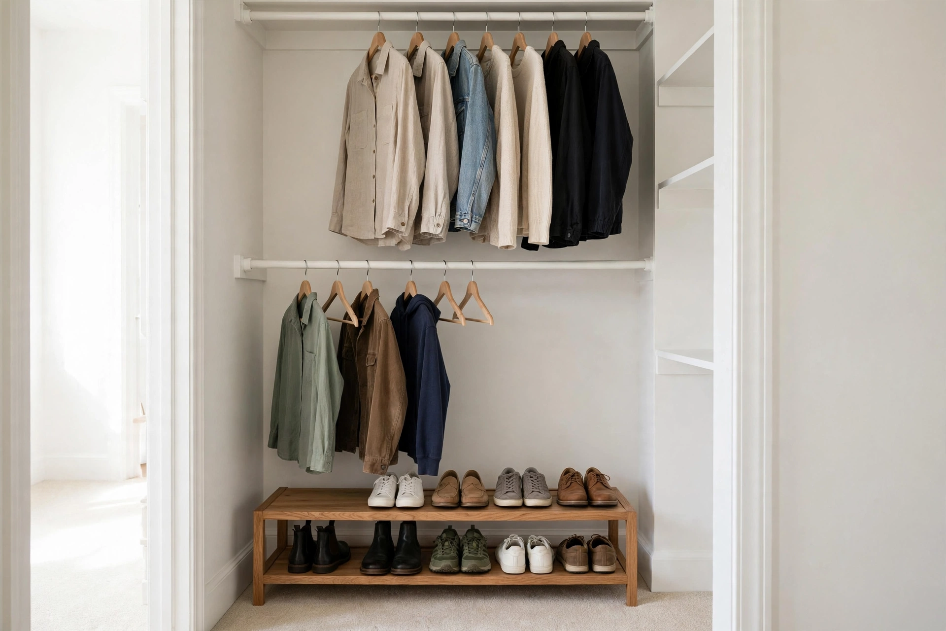 Reach-in closet ideas with a low two-tier shoe rack neatly arranged under double-hung clothes.