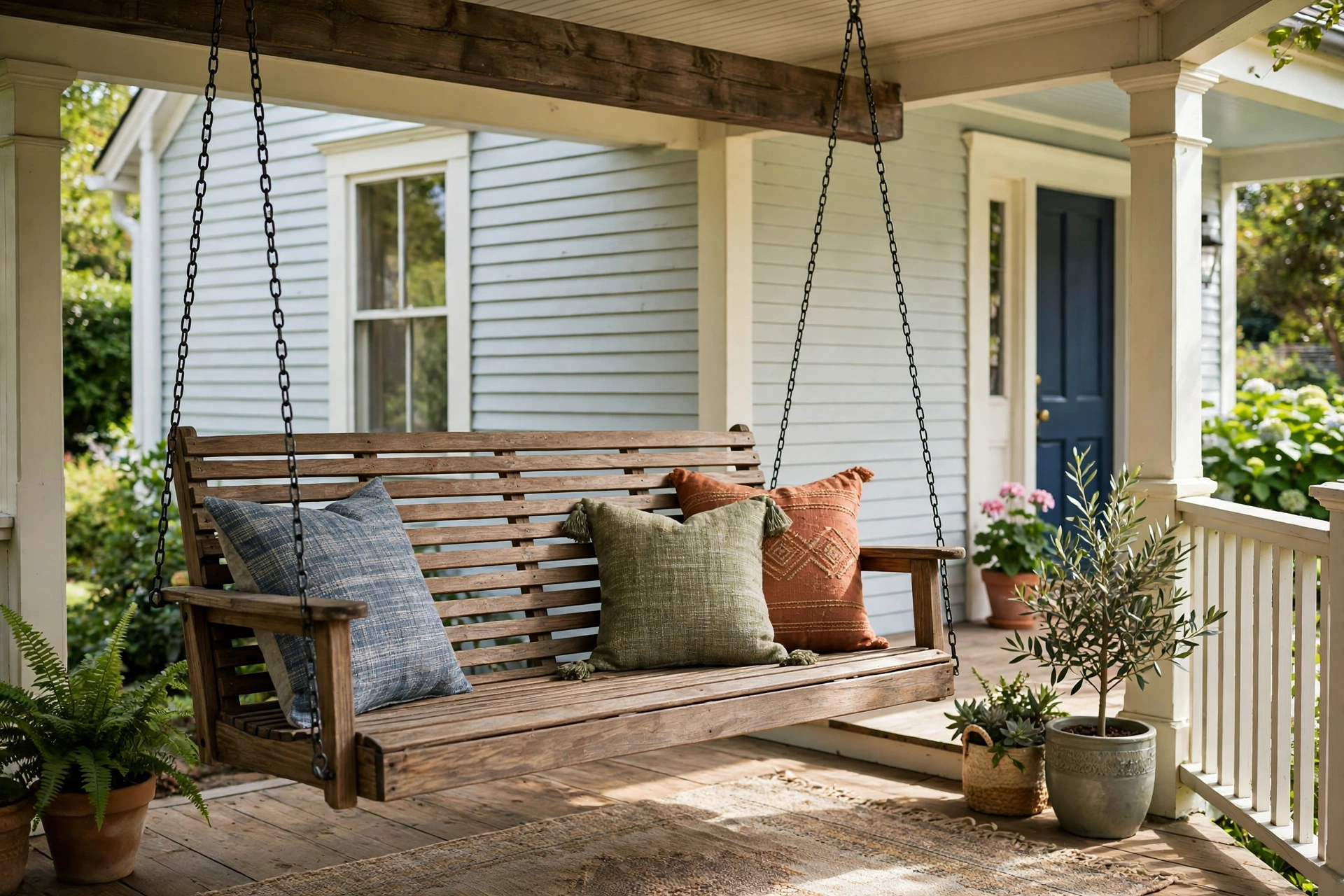 Front porch decorating ideas with a classic wooden porch swing hung by chains and styled with outdoor pillows.