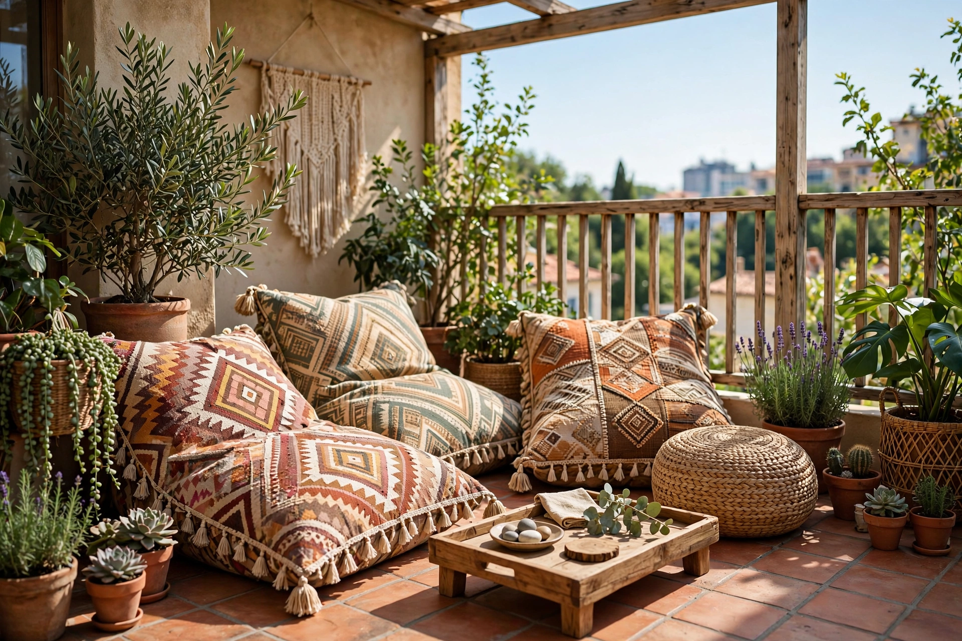 Balcony decor ideas with oversized outdoor floor cushions and a low pouf forming a relaxed lounge corner.