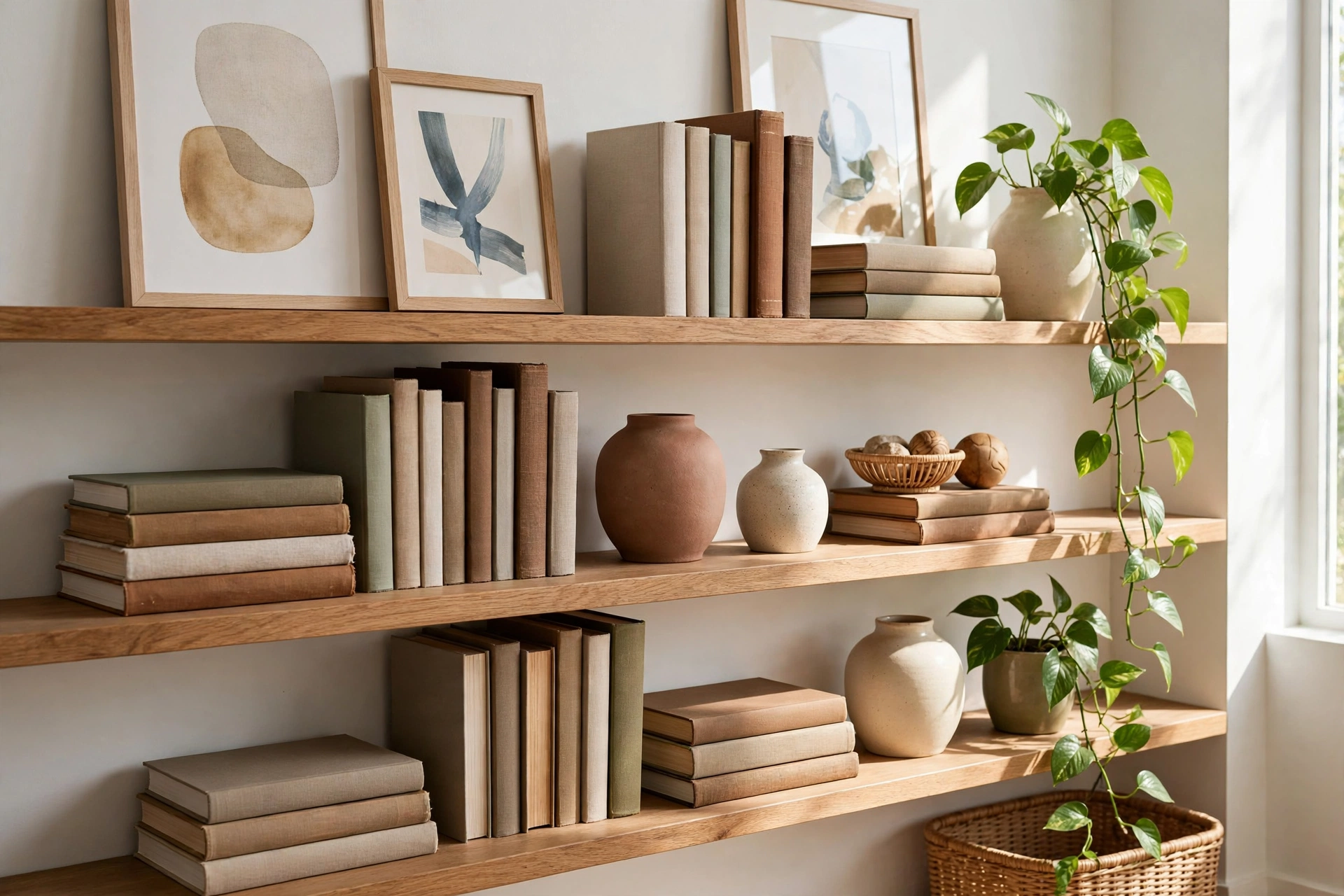 Home library design ideas with styled bookshelves mixing books, framed art, plants, and decorative objects.